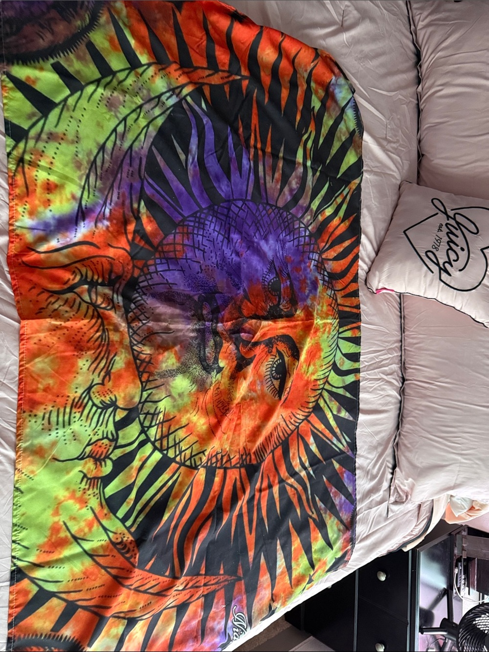 Vibrant Tie-Dye Sun Wall Tapestry in Orange, Purple, Green